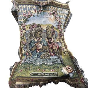 Boyds Bears Friends Blanket Tea Time Tapestry Throw‎ Afghan Floral Fringe 66x48